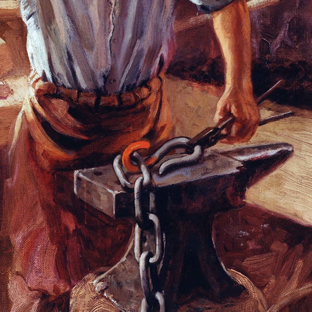 Valtera Haskela Hintona glezna, kurā redzams Džons Dīrs strādājam savā kalēju darbnīcā