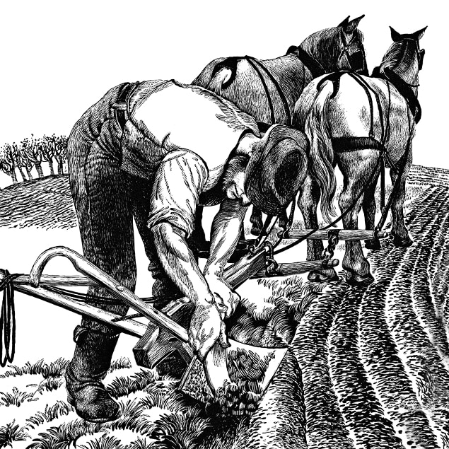 Ilustrācija, kurā redzams lauksaimnieks, kasot no sava tērauda arkla netīrumus
