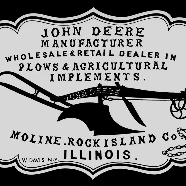 Vēsturiska 1855. gada izplatītāja reklāma "John Deere arklu un lauksaimniecības tehnikas ražotājs, vairumtirgotājs un mazumtirgotājs. Moline, Rock Island Co. Ilinoisa"