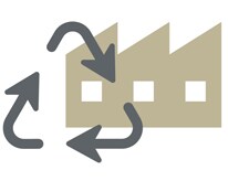 Pārstrādes logotipa ikona ar trijām bultiņām virs ēku ikonas