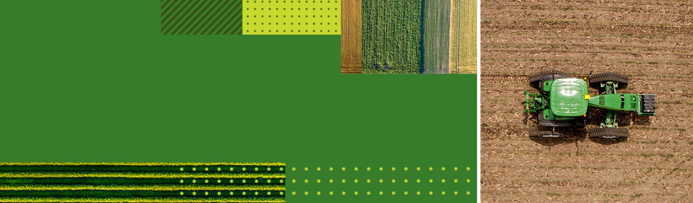 Kolāža no dažādiem laukiem, kas fotografēti no augšas, ar John Deere traktoru labajā pusē