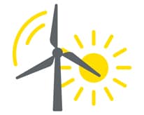 Vēja turbīnas ikona ar dzeltenām vēja un saules ikonām