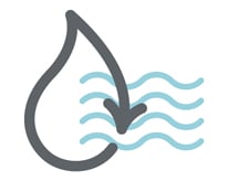 Pelēka ūdens piliena ikona ar bultiņu norāda uz ilgtspēju, atgriežot šo ūdeni lielākā ūdenstilpē, ko apzīmē viļņu ikona