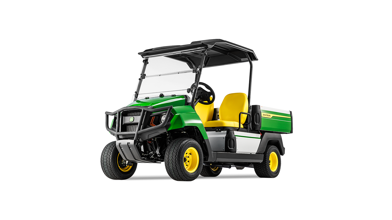 John Deere Gator GS elektriskā modeļa priekšējais leņķa skats, kurā izcelts režģis, priekšējie lukturi un dzeltenas krāsas sēdvietas.