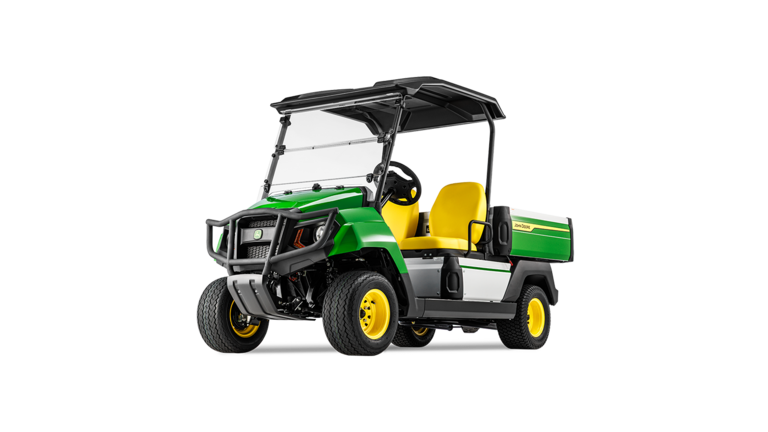 John Deere Gator GS elektriskā modeļa priekšējais leņķa skats, kurā izcelts režģis, priekšējie lukturi un dzeltenas krāsas sēdvietas.