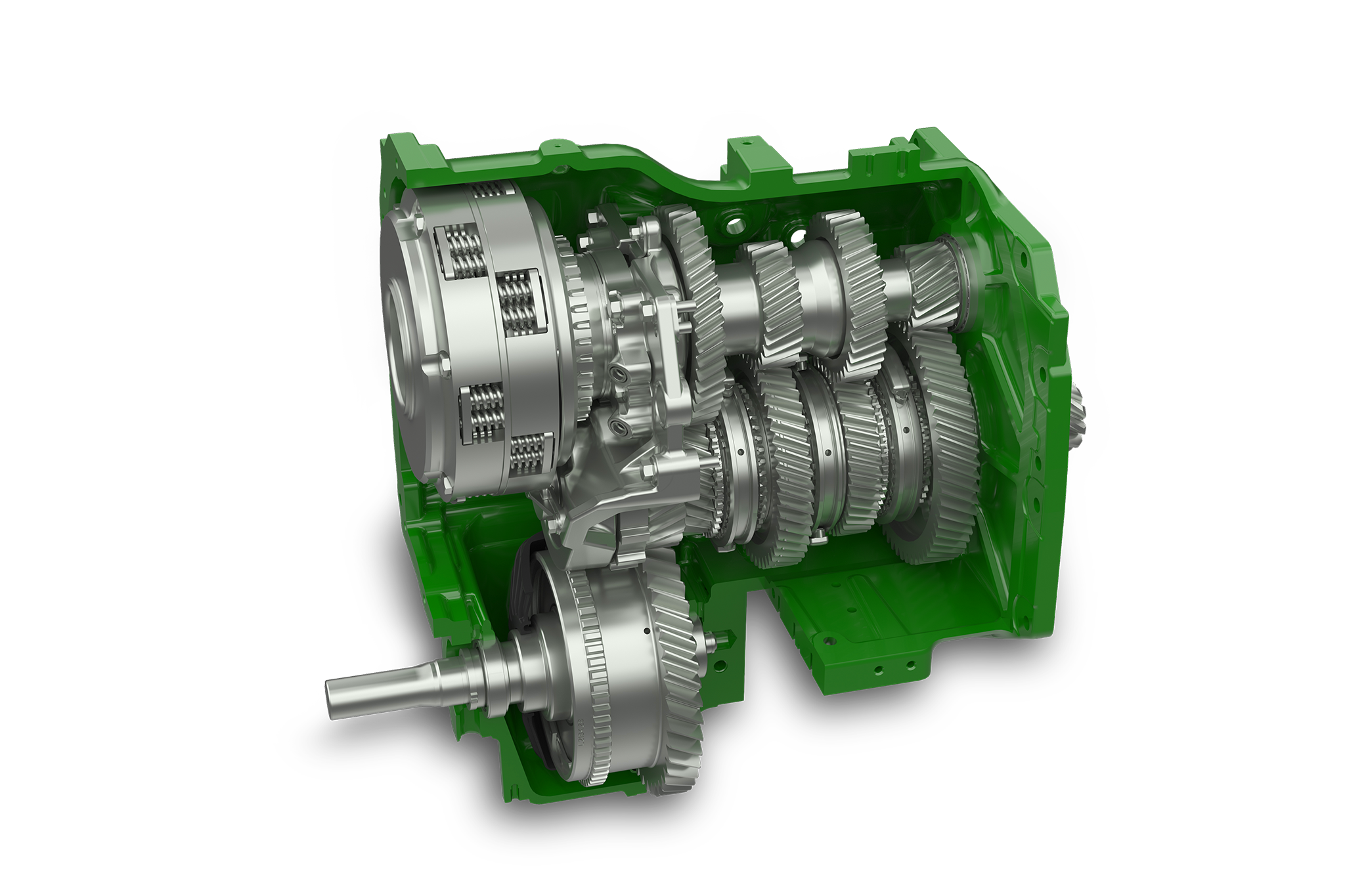 John Deere 6M sērijas transmisijas šķērsgriezuma ilustrācija, kurā redzami iekšējie zobrati un piedziņas mehānisma komponenti.