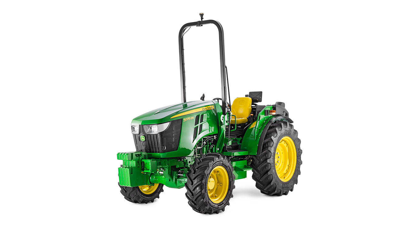 John Deere 5075EN traktors zaļā un dzeltenā krāsā, priekšējais skats ar kompaktu dizainu un izturīgām riepām.