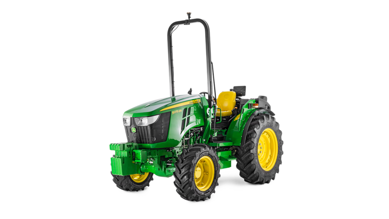 John Deere 5075EN traktors zaļā un dzeltenā krāsā, priekšējais skats ar kompaktu dizainu un izturīgām riepām.