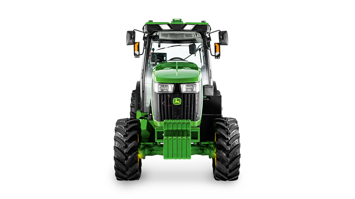 John Deere 5075EN traktora skats no priekšpuses ar skaidri redzamiem priekšējiem lukturiem, radiatora režģi un atsvara bloku.