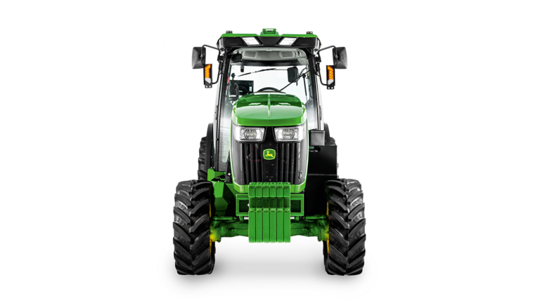 John Deere 5075EN traktora skats no priekšpuses ar skaidri redzamiem priekšējiem lukturiem, radiatora režģi un atsvara bloku.