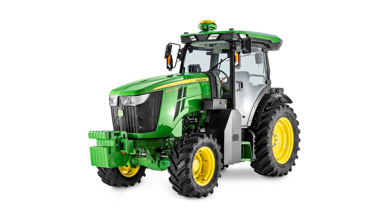 John Deere 5090EN traktors zaļā un dzeltenā krāsā, kas fotografēts no priekšpuses.