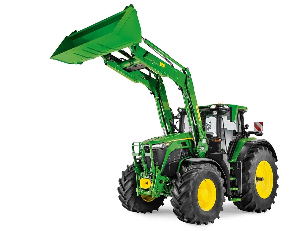 John Deere priekšējā iekrāvēja agregāts ar platu kausu, parādīts atsevišķi uz balta fona.